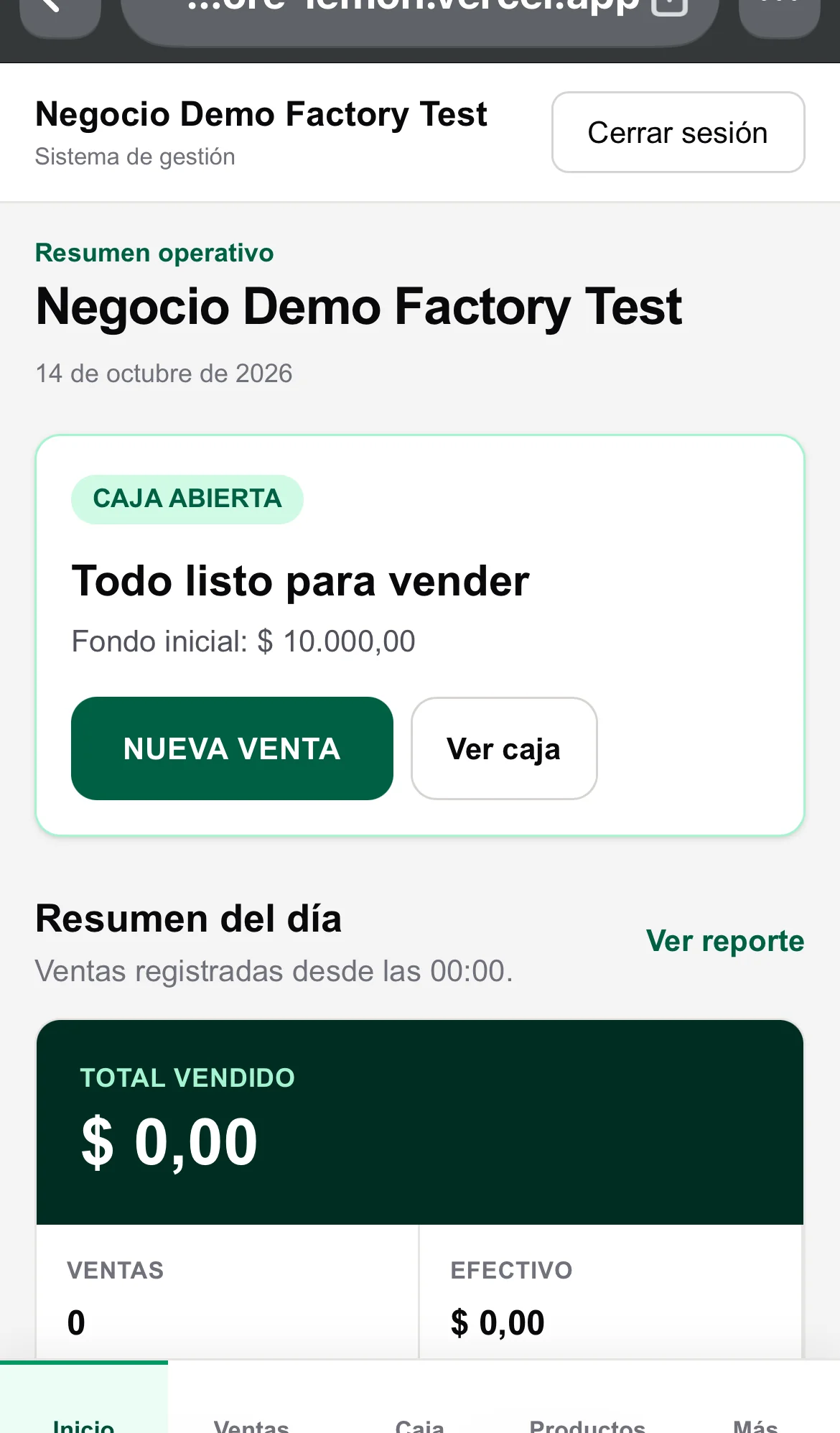 Pantalla real del resumen de caja y ventas del sistema Factory